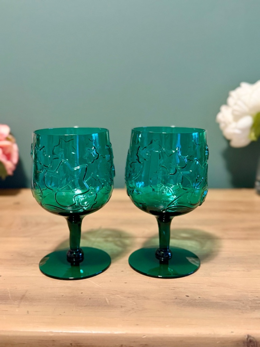 Morgantown Emerald Green Ivy Stem Goblets Set 2 Vintage Glasses